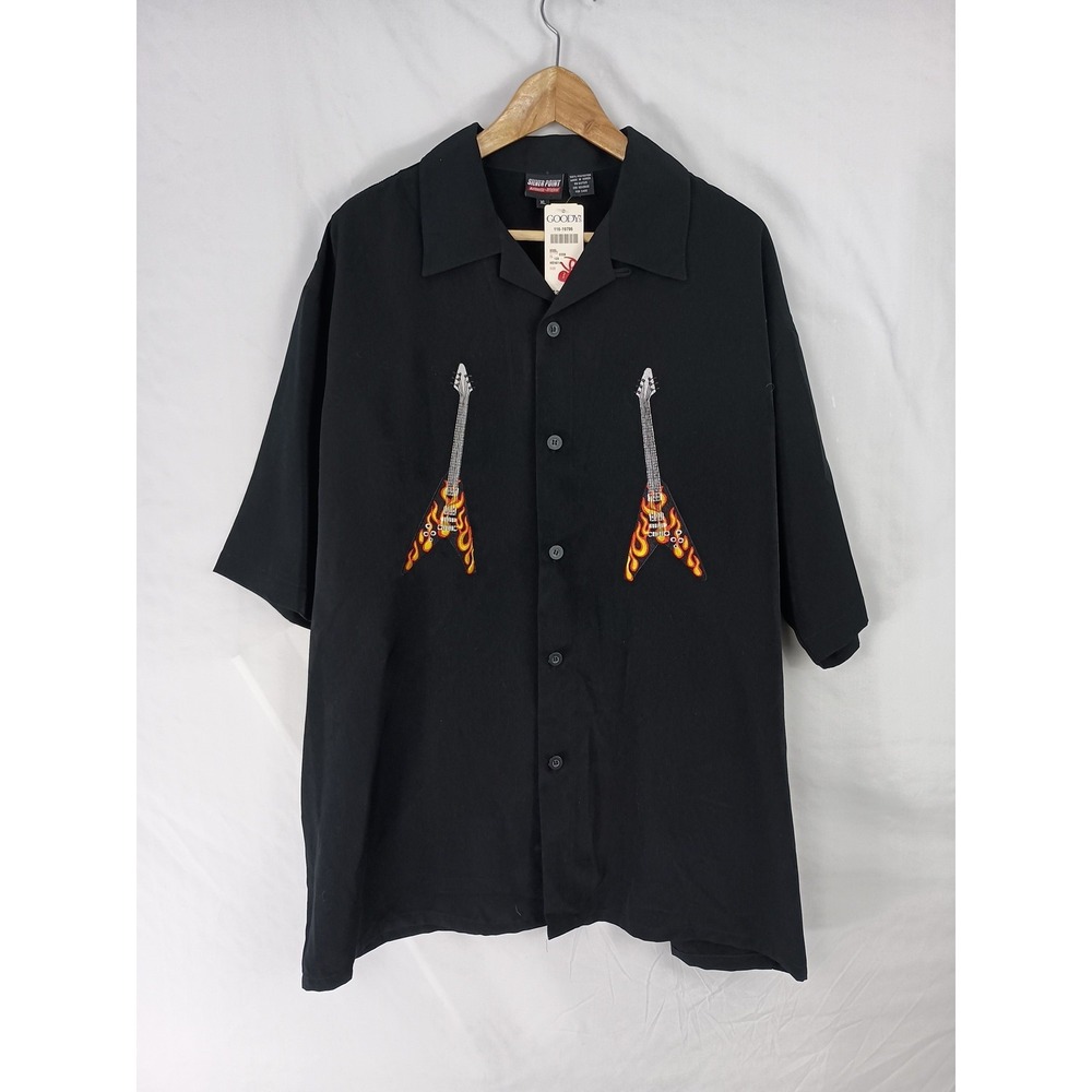 Silver Point Flying V Guitar Black Short Sleeve Button Up Bowling‎ Shirt Size XL